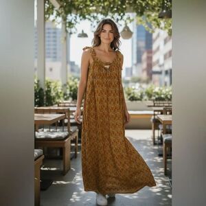 $198 Ex Voto Iris Orange block print cotton maxi  dress NWT